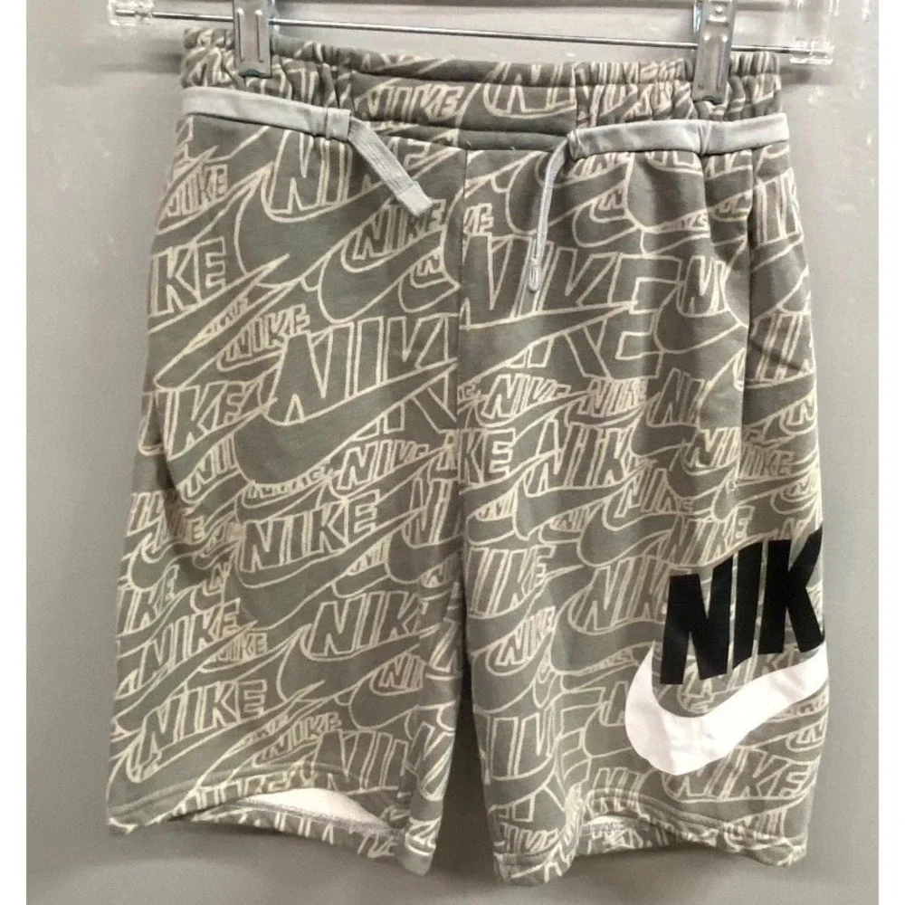 Nike Shorts Boys Large Gray All Over Swoosh Logo Print Cotton Training Athletic